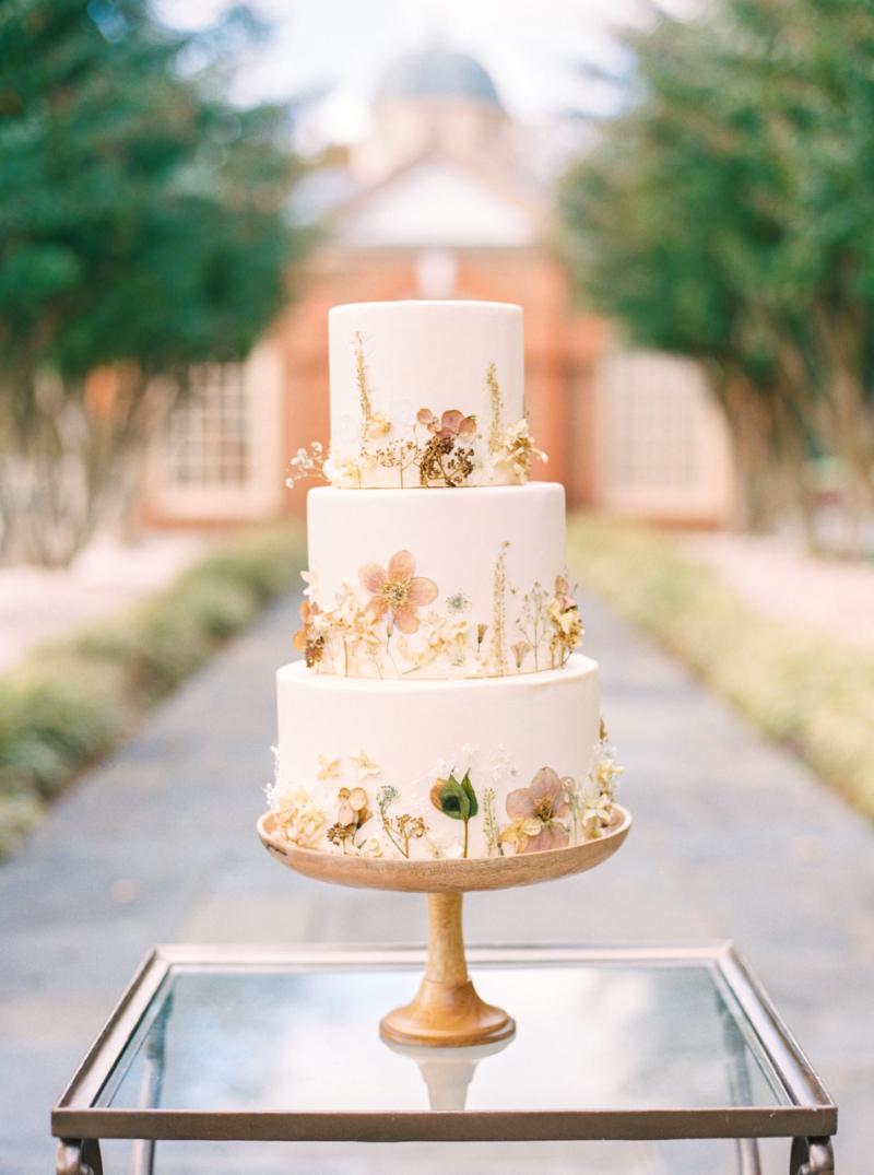 Three tier pressed floral wedding cake