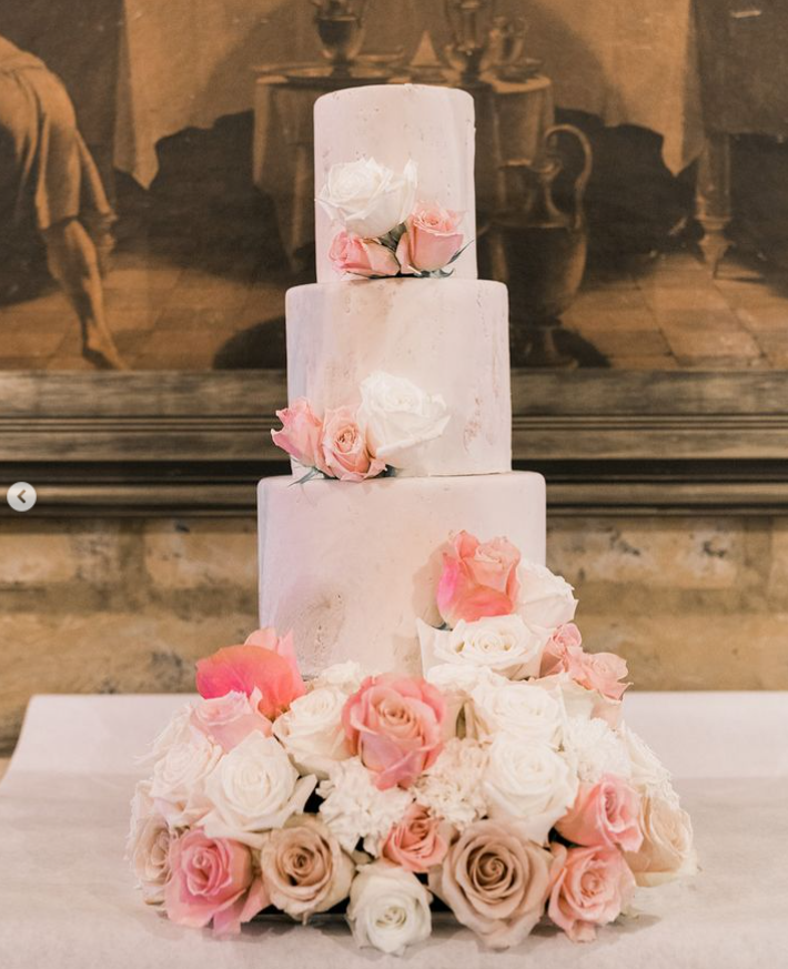 soft pink pastel 3 tier wedding cake with white and pink flowers